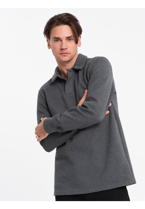 Ombre Clothing - Bluza męska z kołnierzykiem polo ze strukturalnej dzianiny - grafitowy melanż V1 - Rozmiar: M. Typ kołnierza: polo. Kolor: szary. Materiał: dzianina. Wzór: melanż