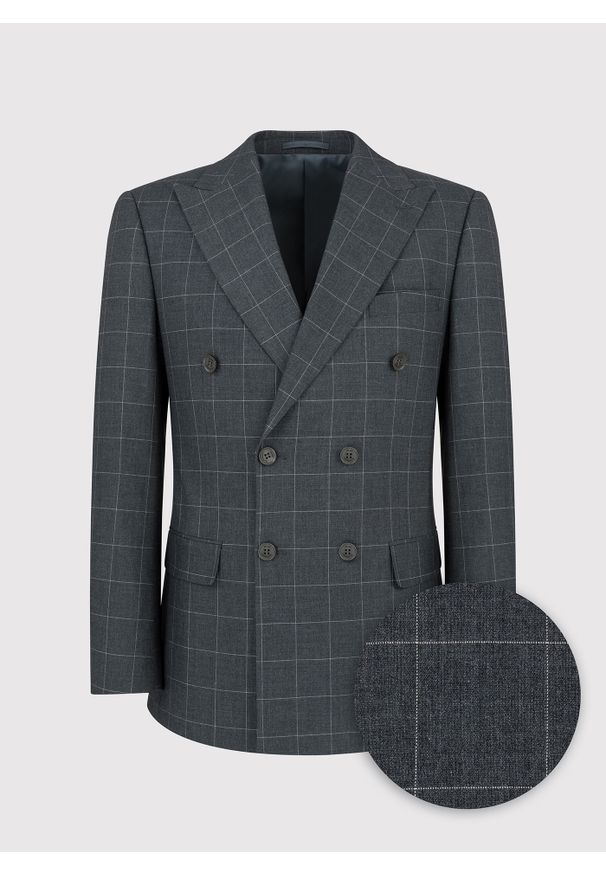 Pako Lorente - PAKO LORENTE – Szara dwurzędowa marynarka w kratę. Okazja: na ślub cywilny, na wesele. Kolor: szary. Materiał: wełna. Styl: klasyczny