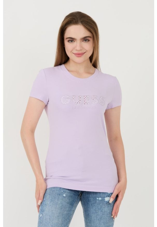 Guess - GUESS Lawendowy damski t-shirt Sangallo Tee, Rozmiar XL. Kolor: czarny