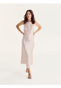 Reserved - Sukienka midi z ażurowymi wstawkami - kremowy. Kolor: kremowy. Materiał: wiskoza, tkanina. Wzór: ażurowy. Długość: midi