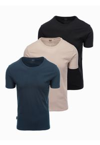 Ombre Clothing - Zestaw męskich bawełnianych koszulek BASIC z okrągłym dekoltem – czarny/granatowy/piaskowy V7. Okazja: na co dzień. Kolor: niebieski. Materiał: bawełna. Styl: klasyczny, casual