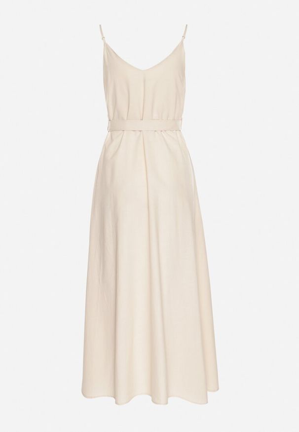 Born2be - Beżowa Sukienka z Wiskozą i Bawełną Ozdobiona Paskiem Saviliae. Kolor: beżowy. Materiał: bawełna, wiskoza. Długość rękawa: na ramiączkach. Wzór: aplikacja. Styl: elegancki