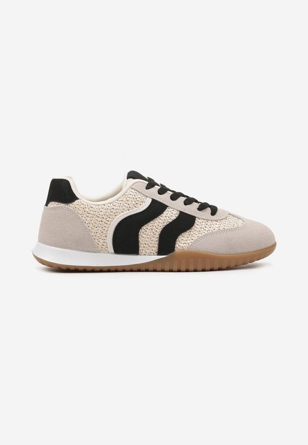 Born2be - Beżowo-Czarne Sneakersy Ozdobione Plecionką z Rafii Wiloria. Okazja: na co dzień. Kolor: beżowy. Materiał: jeans. Wzór: aplikacja