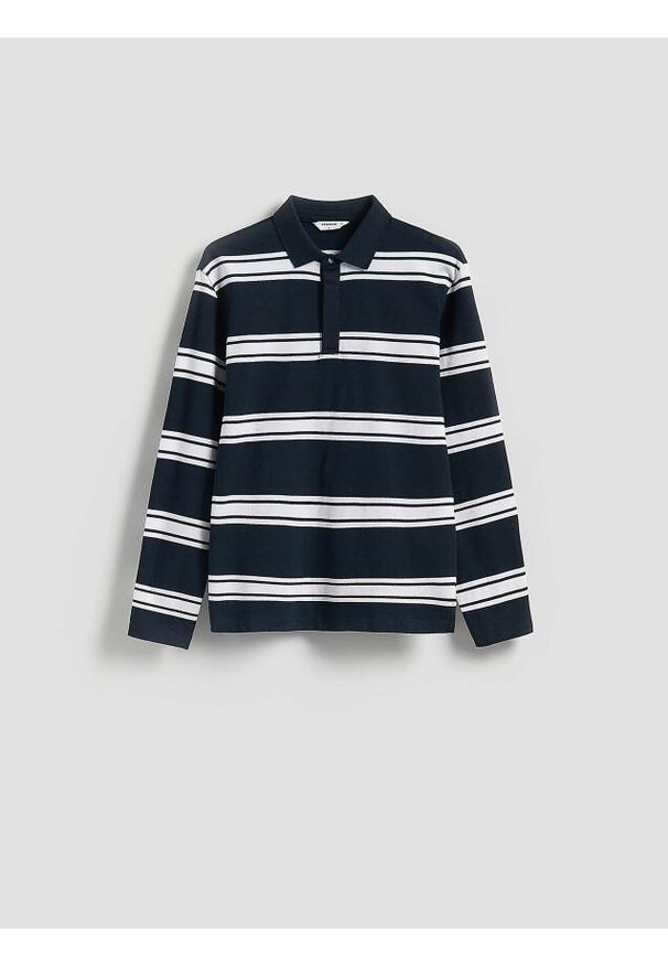 Reserved - Koszulka polo comfort w paski - granatowy. Typ kołnierza: polo. Kolor: niebieski. Materiał: bawełna, dzianina. Wzór: paski