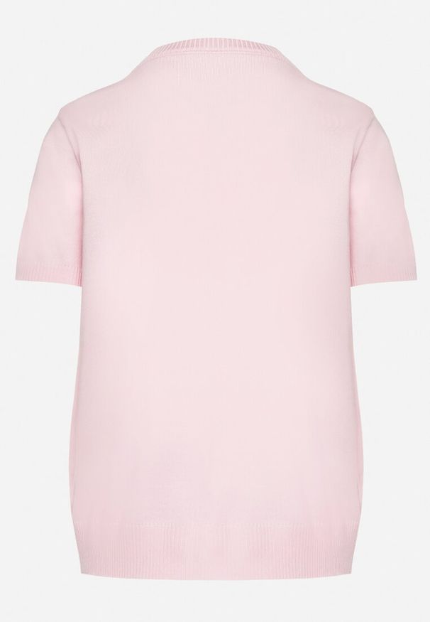 Born2be - Różowa Wiskozowa Bluzka z Wełnianą Naszywką z Misiem i Cyrkoniami Nyphaim. Kolor: różowy. Materiał: wełna, wiskoza. Długość rękawa: krótki rękaw. Długość: krótkie. Wzór: aplikacja