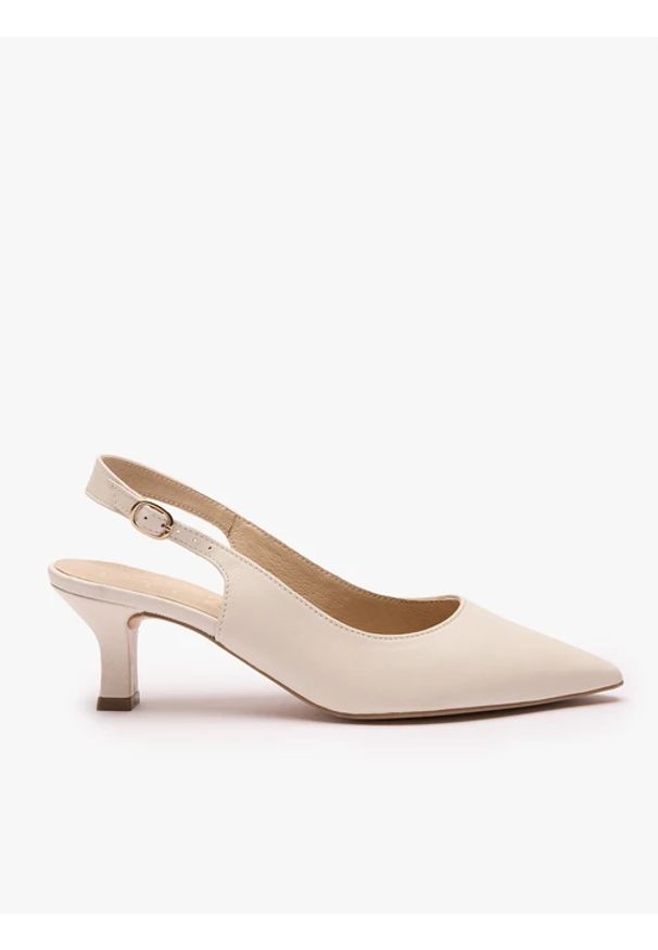 Ryłko - Kremowe czółenka slingback bez pięty. Okazja: na co dzień, na wesele, na ślub cywilny. Zapięcie: pasek. Kolor: beżowy. Materiał: skóra. Obcas: na obcasie. Styl: elegancki, casual, wizytowy. Wysokość obcasa: średni