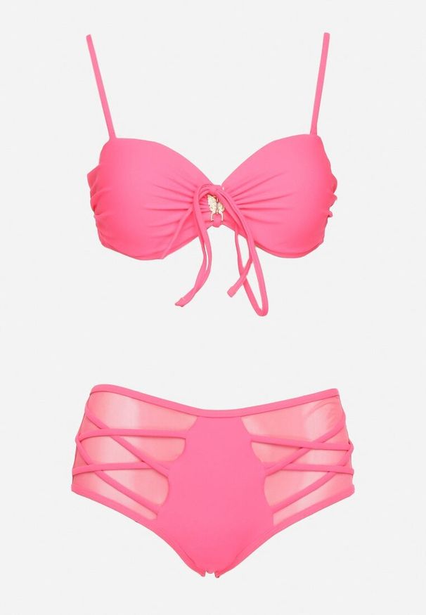 Renee - Różowe Bikini Biustonosz i Majtki Figi High Waist z Siateczkowymi Zdobieniami Kinovia. Stan: podwyższony. Kolor: różowy. Wzór: aplikacja