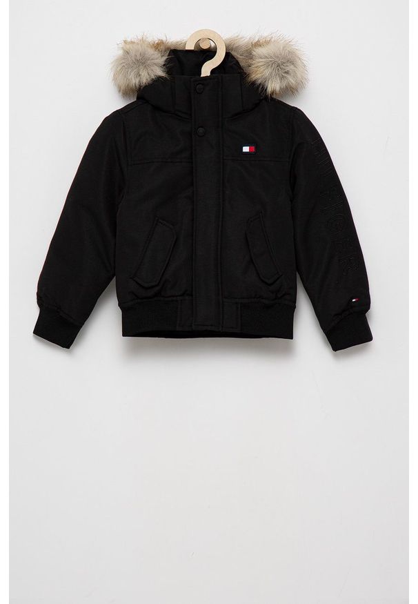 TOMMY HILFIGER - Tommy Hilfiger Kurtka dziecięca kolor czarny. Okazja: na co dzień. Kolor: czarny. Materiał: futro, puch. Styl: casual