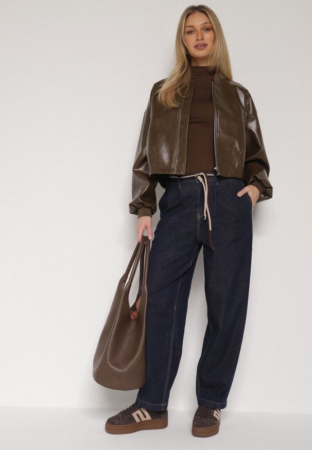 Born2be - Niebieskie Bawełniane Jeansy o Szerokim Kroju z Wysokim Stanem ze Sznurkiem Carmencita. Okazja: na co dzień. Stan: podwyższony. Kolor: niebieski. Styl: casual, elegancki