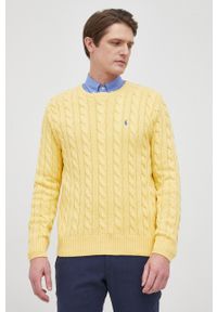 Polo Ralph Lauren sweter bawełniany męski kolor żółty lekki. Okazja: na co dzień. Typ kołnierza: polo. Kolor: żółty. Materiał: bawełna. Długość rękawa: długi rękaw. Długość: długie. Wzór: ze splotem. Styl: casual