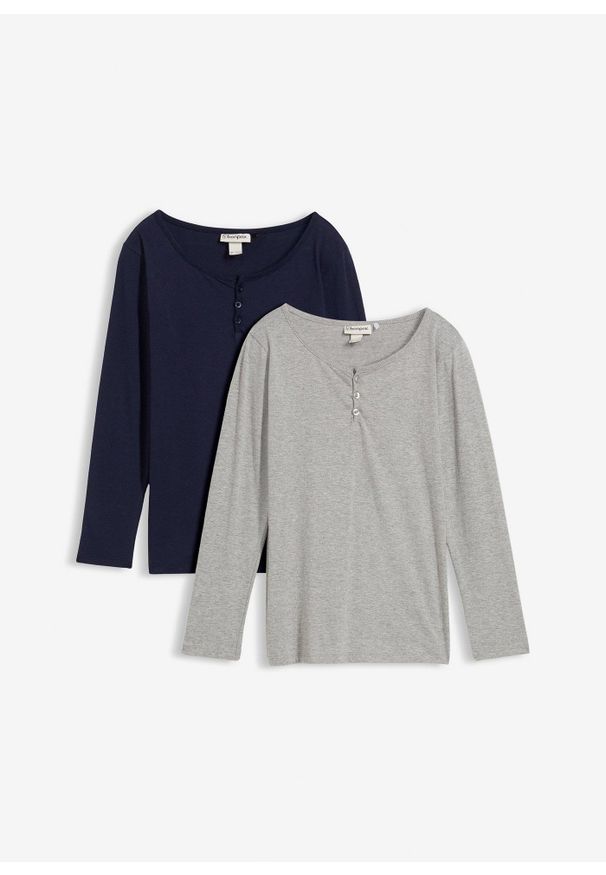 bonprix - Bluzka z długim rękawem z bawełną organiczną (2 szt.). Kolor: szary. Materiał: bawełna. Długość rękawa: długi rękaw. Długość: długie