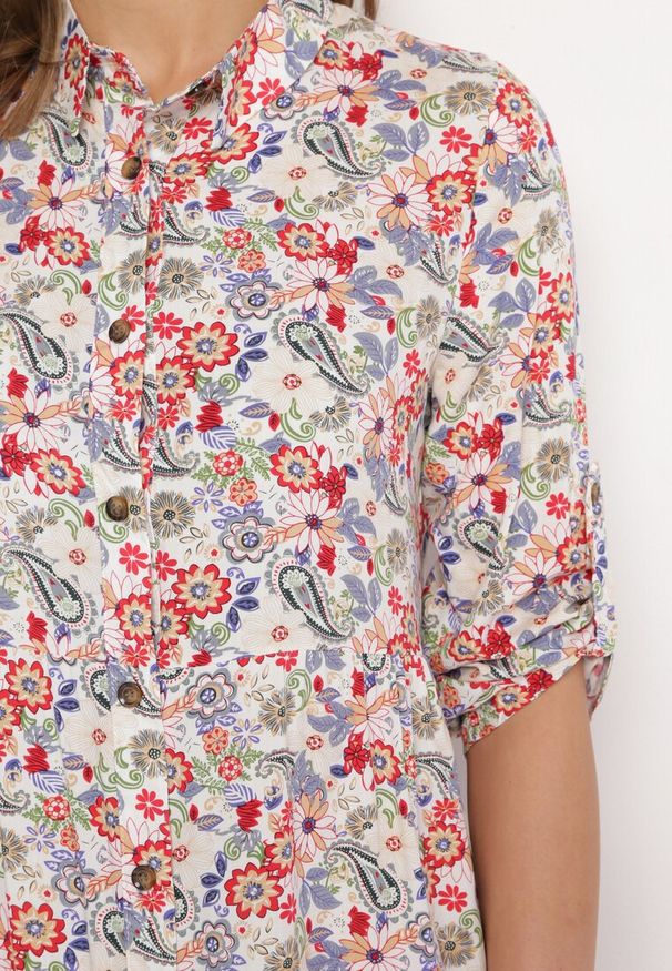 Born2be - Biało-Różowa Kwiatowa Sukienka Midi o Rozkloszowanym Fasonie Glevia. Okazja: na co dzień. Kolor: biały. Wzór: kwiaty. Typ sukienki: koszulowe. Styl: casual. Długość: midi