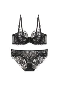 Intica - Komplet bielizny transparentnej z haftem Aleka. Kolor: czarny. Materiał: tkanina, materiał. Wzór: haft