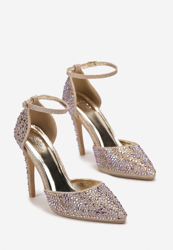 Born2be - Złote Sandały na Szpilce z Cyrkoniami i Brokatem Elerna. Kolor: złoty. Obcas: na szpilce