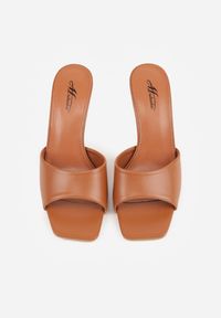 Renee - Brązowe Klapki na Szpilce Ozdobione Kwadratowym Noskiem Eudanassa. Okazja: na co dzień. Kolor: brązowy. Materiał: jeans. Wzór: aplikacja. Sezon: lato. Obcas: na szpilce. Styl: casual #3