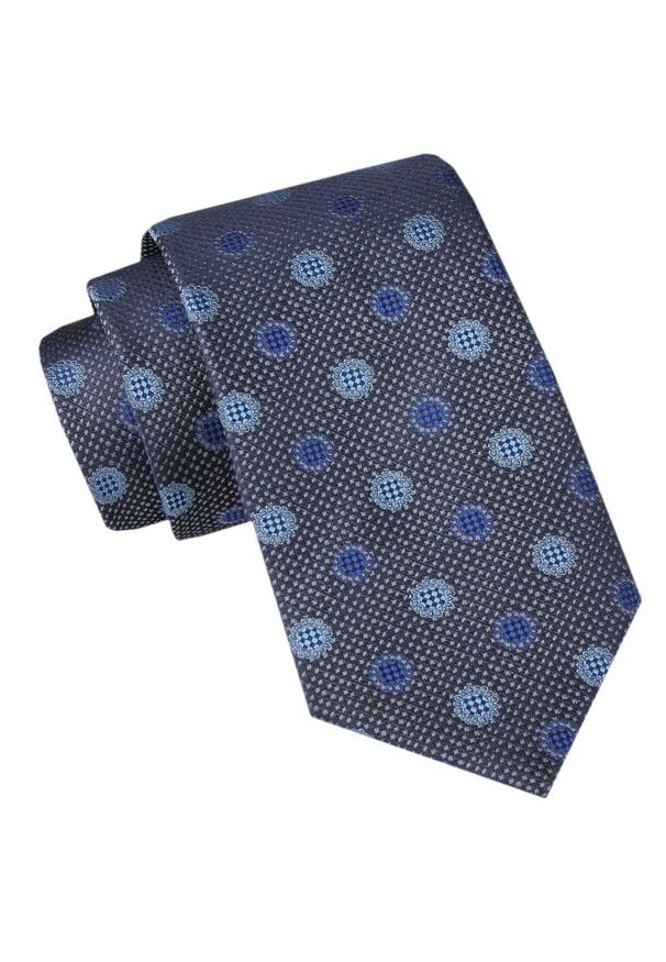 Męski Krawat - Alties - Stalowy w Niebieskie Groszki. Kolor: niebieski. Materiał: tkanina. Wzór: grochy. Styl: elegancki, wizytowy