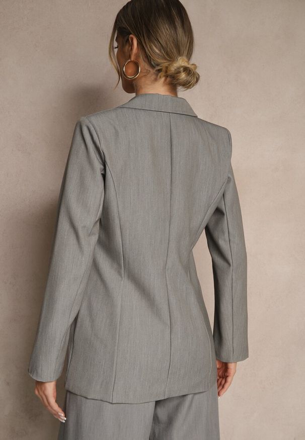 Renee - Szara Jednorzędowa Marynarka Ozdobiona Klapami Presli. Kolor: szary. Materiał: tkanina. Wzór: aplikacja. Styl: klasyczny