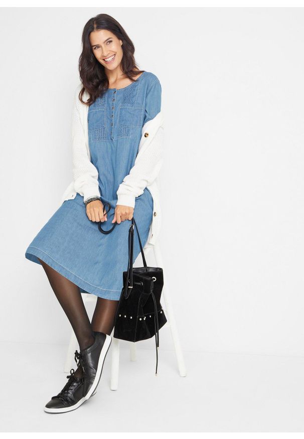 bonprix - Sukienka bawełniana dżinsowa w długości do kolan, krótki rękaw. Kolor: niebieski. Materiał: bawełna. Długość rękawa: krótki rękaw. Długość: midi
