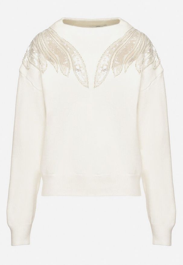 Born2be - Biały Sweter z Siateczkowymi Wstawkami z Cekinami Perełkami i Koralikami Evoriana. Okazja: na co dzień. Kolor: biały. Materiał: jeans. Styl: glamour, elegancki, casual