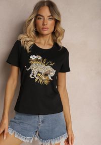 Renee - Czarny Bawełniany T-shirt ze Zwierzęcym Nadrukiem Zeliflea. Okazja: na co dzień. Kolor: czarny. Materiał: bawełna. Wzór: motyw zwierzęcy, nadruk. Sezon: lato, wiosna. Styl: casual, klasyczny, elegancki #3