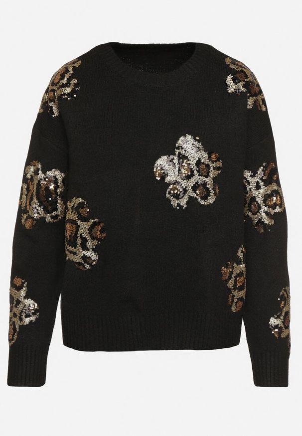 Born2be - Czarny Sweter z Kwiatowymi Naszywkami i Cekinami Ciadora. Okazja: na co dzień. Kolor: czarny. Materiał: jeans. Wzór: kwiaty, aplikacja. Styl: elegancki, casual