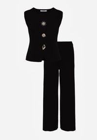 Renee - Czarny Komplet z Wiskozą Szerokie Spodnie i Kamizelka z Aplikacjami 3D Hirimi. Kolor: czarny. Materiał: wiskoza. Wzór: aplikacja #6