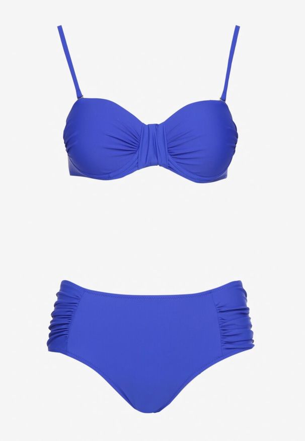 Born2be - Niebieskie Bikini Usztywniany Biustonosz i Figi Ozdobione Marszczeniem Eretelli. Kolor: niebieski. Wzór: aplikacja
