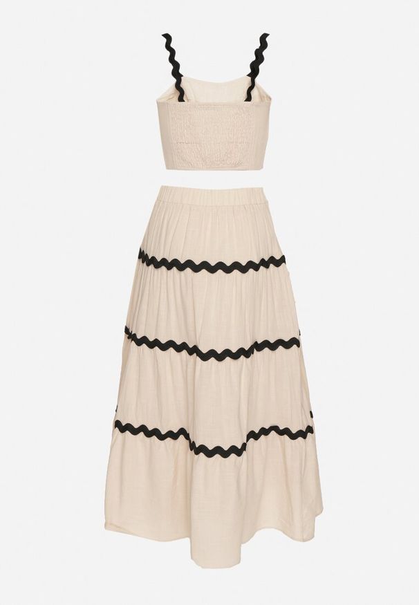 Born2be - Beżowy Bawełniany Komplet Top na Ramiączkach i Rozkloszowana Spódnica Iselira. Kolor: beżowy. Materiał: bawełna