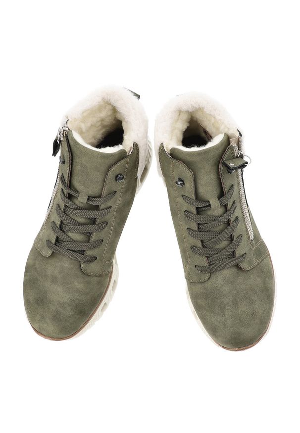 Zielone Botki Rieker Ocieplane Buty Damskie. Okazja: na co dzień. Zapięcie: sznurówki. Kolor: zielony. Materiał: materiał. Szerokość cholewki: normalna. Styl: casual, sportowy