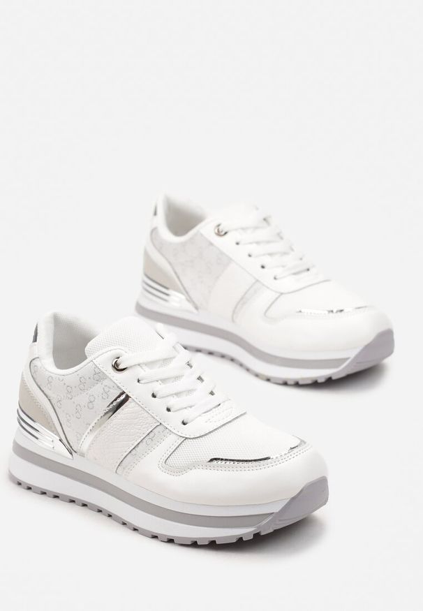 Renee - Białe Sneakersy na Podeszwie z Pianki ze Sznurowaniem i Błyszczącymi Detalami Weline. Okazja: na co dzień. Kolor: biały
