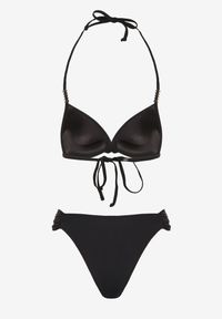 Renee - Czarne Bikini Wiązany Biustonosz Push Up i Majtki Typu Figi Mirisenia. Kolor: czarny. Wzór: aplikacja