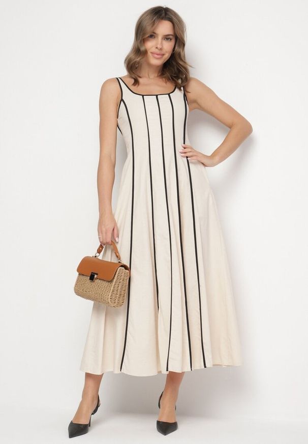Born2be - Jasnobeżowa Rozkloszowana Sukienka z Wiskozą w Pionowe Paski Gonavirae. Kolor: beżowy. Materiał: wiskoza. Długość rękawa: na ramiączkach. Wzór: paski. Sezon: wiosna, lato. Styl: elegancki