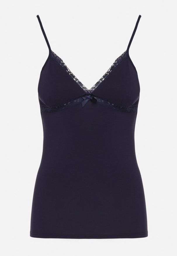 Born2be - Granatowy Bawełniany Top na Ramiączkach z Regulacją Arivion. Typ kołnierza: dekolt w kształcie V. Kolor: niebieski. Materiał: bawełna. Długość rękawa: na ramiączkach. Wzór: gładki