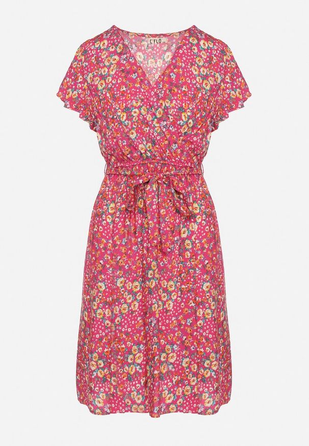 Born2be - Różowa Wiskozowa Kopertowa Sukienka Wiązana Materiałowym Sznurkiem z Gumką w Talii Zanlea. Typ kołnierza: dekolt w kształcie V. Kolor: różowy. Materiał: materiał, wiskoza. Długość rękawa: krótki rękaw. Sezon: lato. Typ sukienki: kopertowe