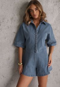 Renee - Niebieski Jeansowy Kombinezon o Krótkim Fasonie Oversize Cnassiasse. Okazja: na co dzień. Kolor: niebieski. Materiał: jeans. Długość: krótkie. Sezon: lato. Styl: street, elegancki, casual #1
