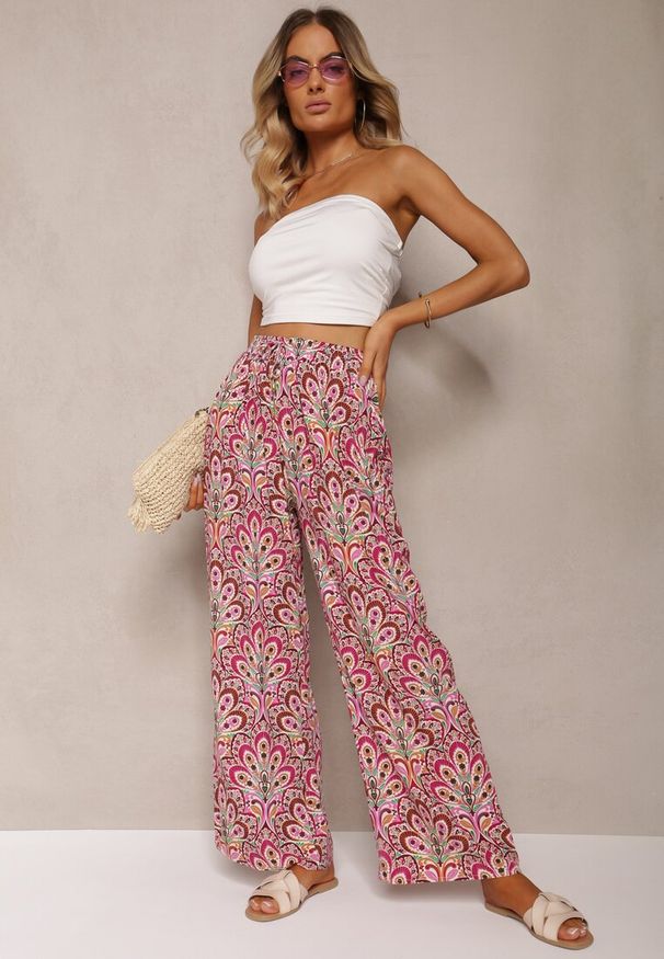 Renee - Ciemnoróżowe Boho Spodnie z Wiskozy High Waist z Szerokimi Nogawkami i Gumką w Pasie Walnena. Stan: podwyższony. Kolor: różowy. Materiał: wiskoza. Styl: boho