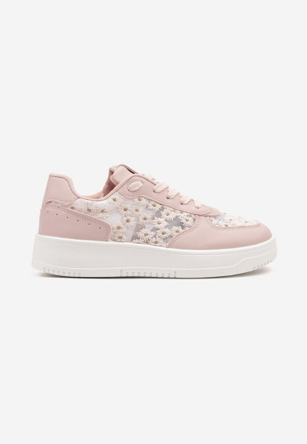 Born2be - Różowe Sneakersy z Siateczkowymi Wstawkami z Haftem Naloriva. Zapięcie: sznurówki. Kolor: różowy. Materiał: jeans. Wzór: haft. Obcas: na płaskiej podeszwie