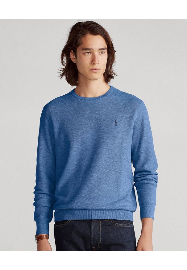 Ralph Lauren - RALPH LAUREN - Niebieski sweter z bawełny Regular Fit Mesh. Okazja: na co dzień. Typ kołnierza: polo. Kolor: niebieski. Materiał: bawełna, mesh. Wzór: haft, ze splotem. Styl: klasyczny, casual