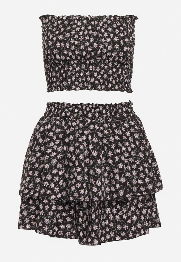 Born2be - Czarny Komplet 2-Częściowy Top Bandeau z Marszczeniami Spódnico-Szorty z Gumką w Talii Profea. Kolor: czarny. Materiał: tkanina