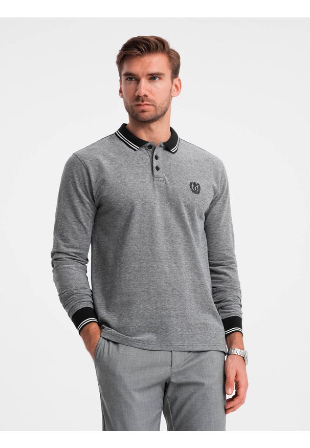Ombre Clothing - Melanżowy męski longsleeve polo z haftem – czarny melanż V1 - Rozmiar: XL. Okazja: na co dzień. Typ kołnierza: polo. Kolor: czarny. Materiał: bawełna, dzianina. Długość rękawa: długi rękaw. Długość: długie. Wzór: melanż, haft. Styl: klasyczny, sportowy, casual