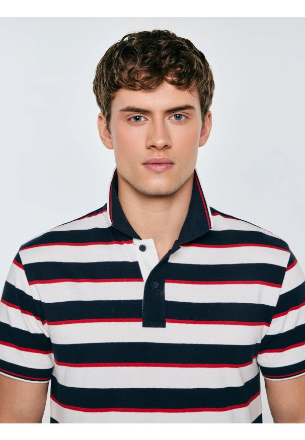 Big-Star - Koszulka męska polo w paski granatowo-biała Seulis 100. Okazja: na co dzień. Typ kołnierza: polo. Kolor: biały. Materiał: dzianina, żakard. Wzór: paski. Styl: casual, elegancki, sportowy, klasyczny