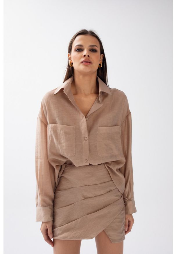 Marsala - Spódniczka mini w kolorze beżowym z drapowaniem - LORIENT. Okazja: na co dzień. Kolor: beżowy. Materiał: len, włókno, bawełna, nylon, jedwab, poliester, wełna, materiał. Styl: casual