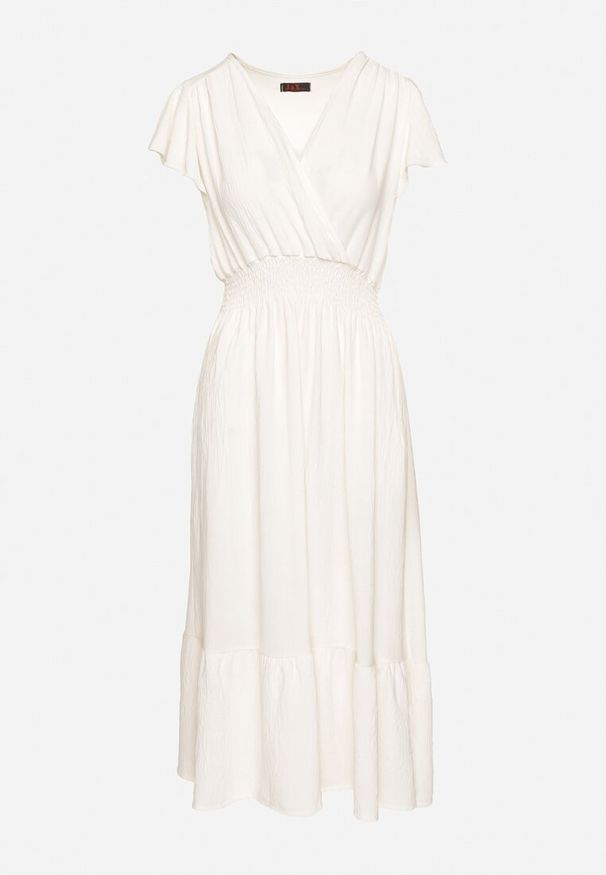 Born2be - Jasnobeżowa Sukienka o Rozkloszowanym Kroju z Kopertowym Dekoltem i Gumką w Talii Reiliana. Okazja: na imprezę, na co dzień. Typ kołnierza: dekolt kopertowy. Kolor: beżowy. Typ sukienki: kopertowe. Styl: elegancki, casual