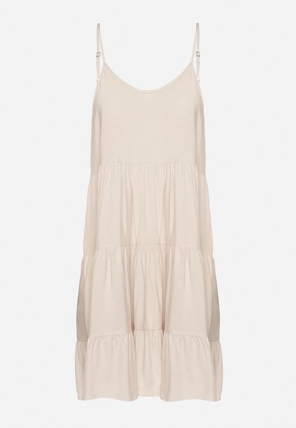 Born2be - Jasnobeżowa Rozkloszowana Sukienka z Bawełny na Ramiączkach z Falbanami Lilivane. Okazja: na spacer, na co dzień. Kolor: beżowy. Materiał: bawełna. Długość rękawa: na ramiączkach. Sezon: wiosna, lato. Typ sukienki: proste. Styl: casual