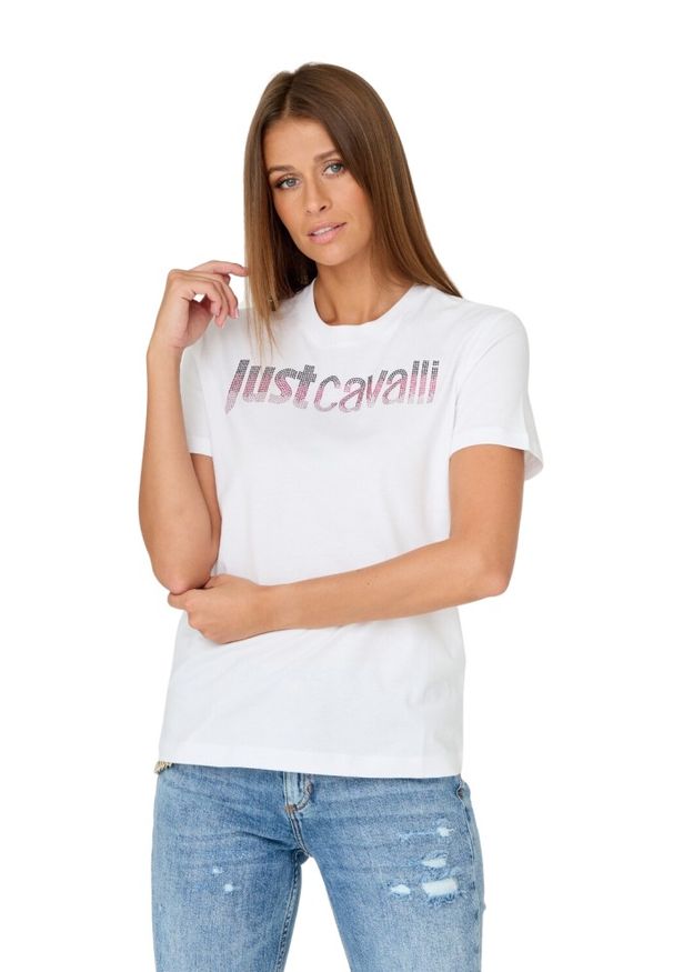 Just Cavalli - JUST CAVALLI Biały damski t-shirt R LOGO CRYSTAL, Rozmiar XL. Kolor: biały. Materiał: bawełna