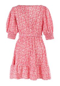 Born2be - Różowa Sukienka Salesi. Kolor: różowy. Materiał: materiał, tkanina. Wzór: aplikacja, kwiaty. Typ sukienki: kopertowe. Długość: mini #5