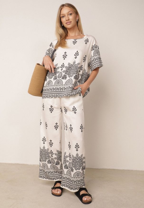 Born2be - Biały Komplet Wiskozowy Szerokie Spodnie i Luźna Bluzka z Nadrukiem Paisley Thela. Kolekcja: plus size. Kolor: biały. Materiał: wiskoza. Wzór: nadruk, paisley