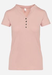 Born2be - Różowy T-shirt Koszulka z Bawełny z Metalicznymi Guzikami Cariena. Okazja: na co dzień. Typ kołnierza: dekolt w kształcie V. Kolor: różowy. Materiał: bawełna. Styl: casual #5