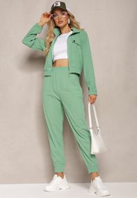 Renee - Zielony Komplet Dresowy w Prążki Bluza Kurtka Rozpinana z Kołnierzykiem i Spodnie Lisulla. Kolor: zielony. Materiał: dresówka. Wzór: prążki. Sport: turystyka piesza