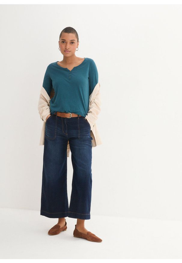 bonprix - Bluzka z plisą guzikową z czystej bawełny organicznej. Typ kołnierza: dekolt w serek. Kolor: niebieski. Materiał: bawełna. Długość rękawa: długi rękaw. Długość: długie